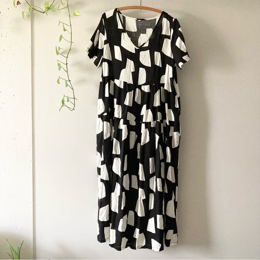 Cow Print Drop Waist Pleated Midi Dress‎ L